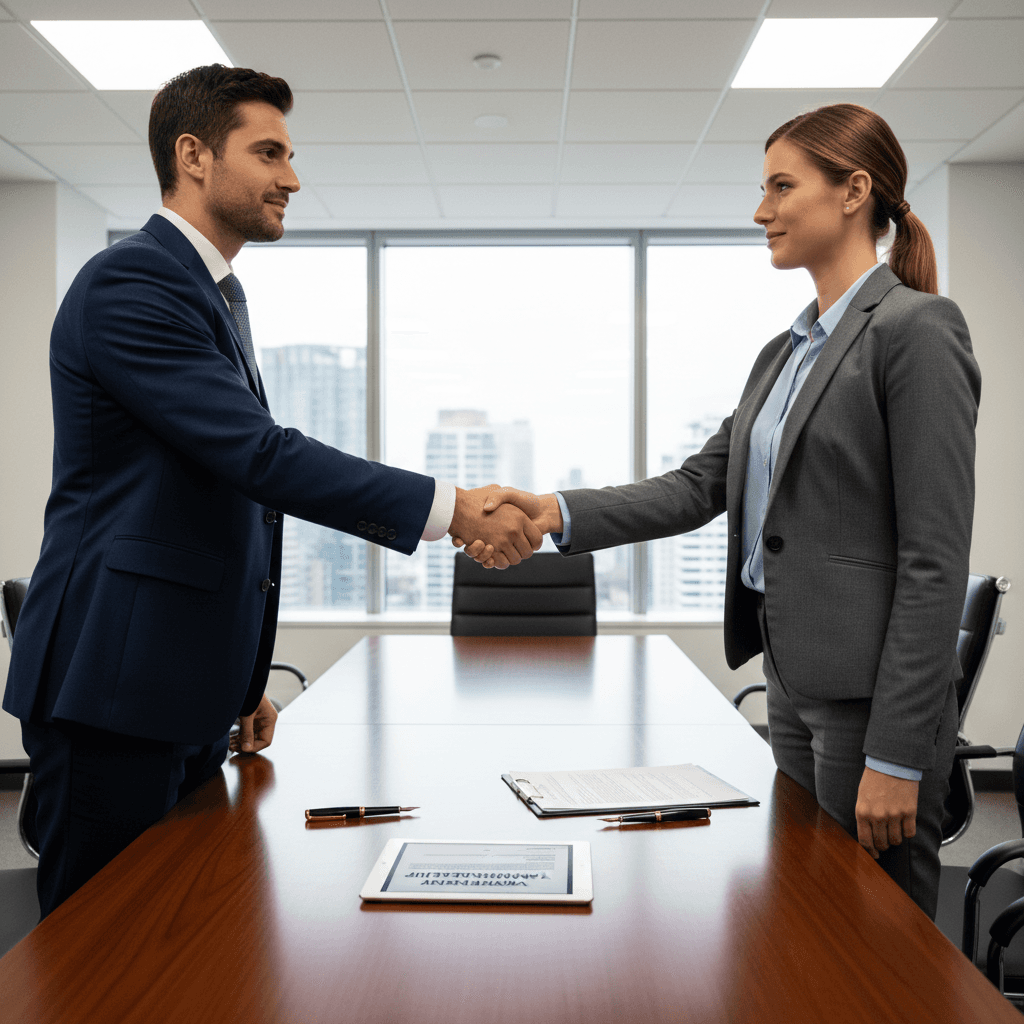 An HR professional conducting a job interview with a candidate across a desk