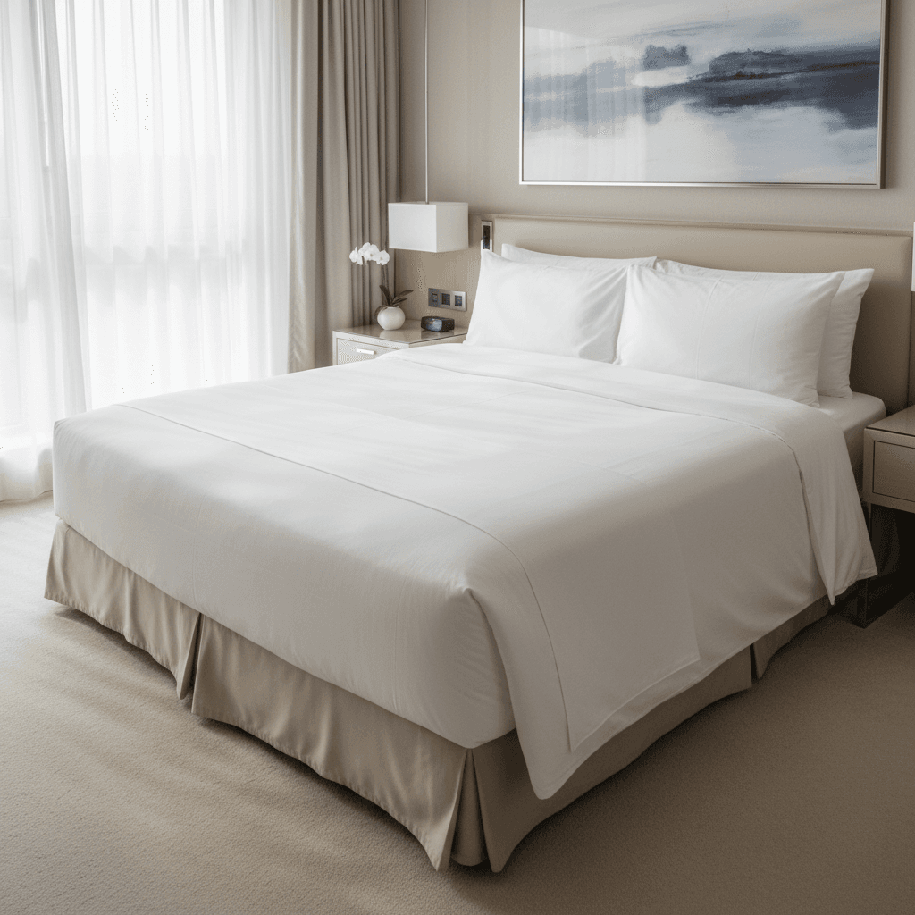 A neatly arranged hotel room with clean white bedding and professional interior setup