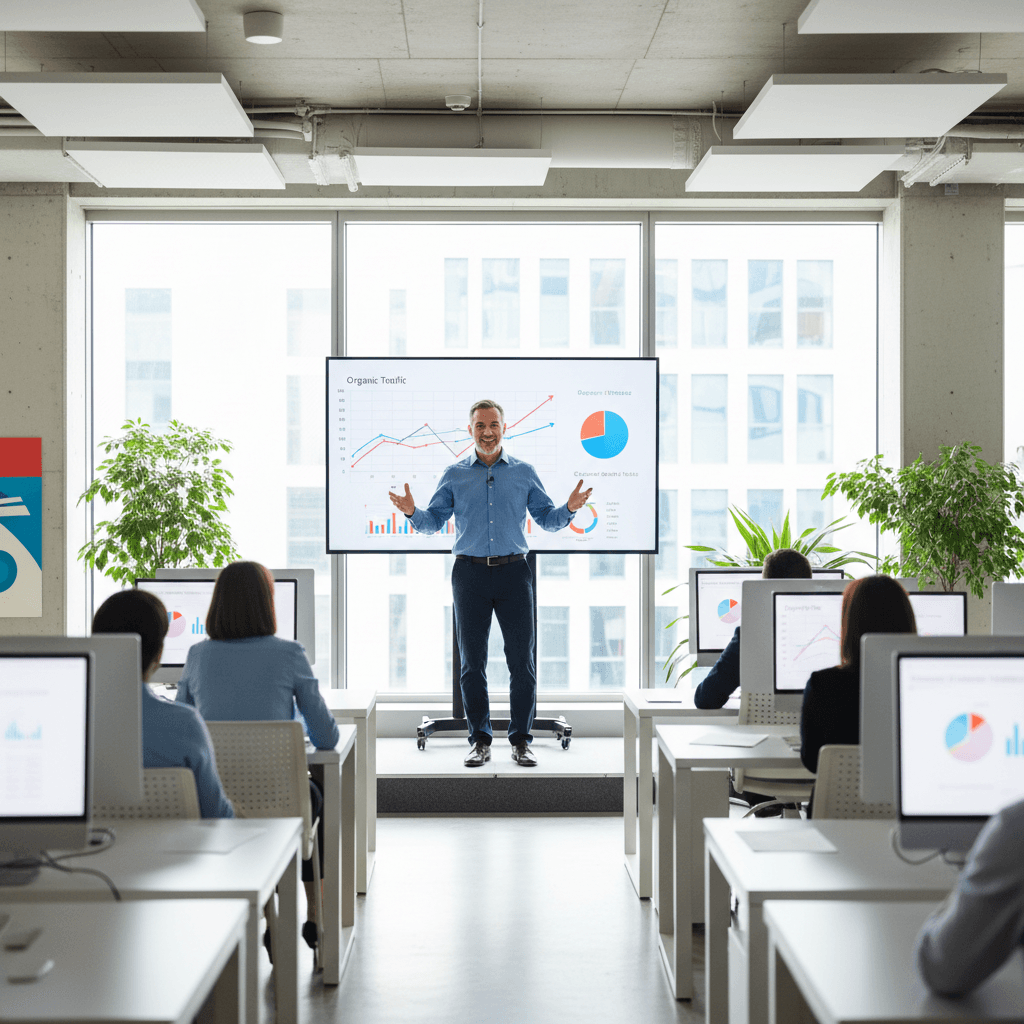 A trainer presenting to a group of attentive students in a modern classroom
