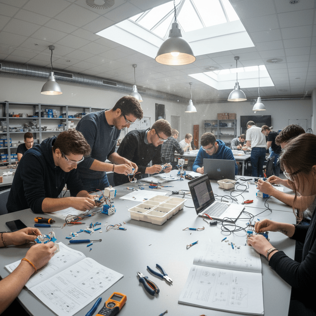 Students engaged in hands-on skill-based learning workshop with laptops and tools