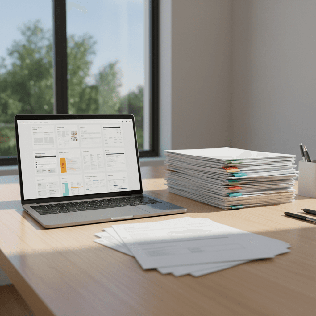 Organized office files and folders on a desk with a laptop showing document management